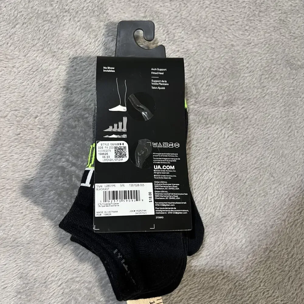 Under Armour Socks Youth 13.5K-4.5 Black UA Essential Lite No Show 6 Pack